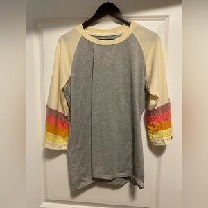 Free People Gray and Cream Raglan Tee with Colorful Sleeves